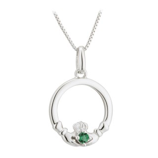 Silver Green Heart Stone Set Claddagh Cross /& Chain