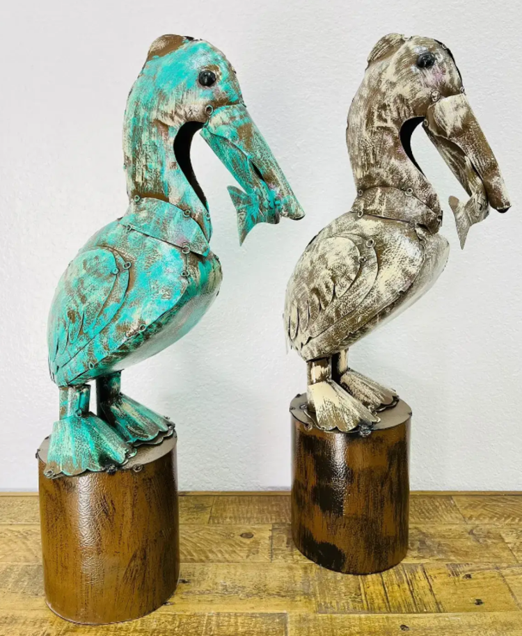 Tin Pelican with Fish - Asstd. Colors 23.5" H x 11" L x 7" W