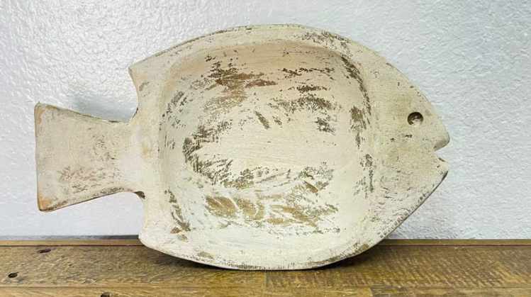 White Fish Wood Bowl 2" H x 11.5" L x 8.5" W