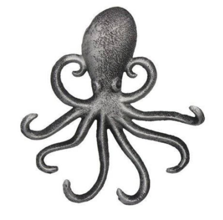 Rustic Silver Cast Iron Wall Mounted Octopus Hook 6" L x 1" W x 7" H