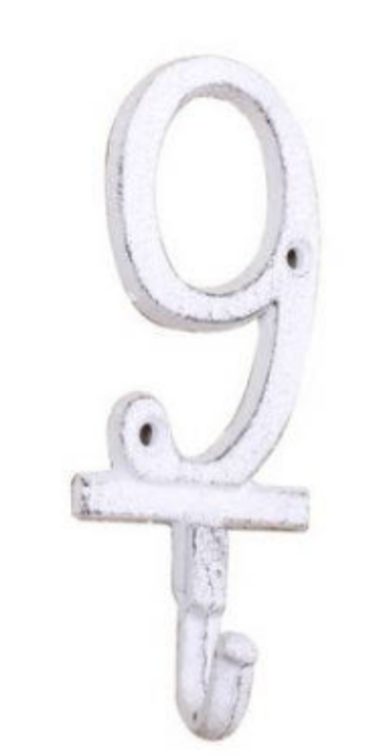 Whitewashed Cast Iron Number "9" Wall Hook