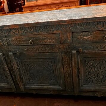 Blue Carved Indian Wooden Side Board 77 X 18 X 37 3/4