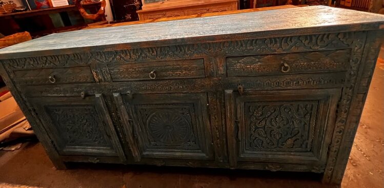 Blue Carved Indian Wooden Side Board 77 X 18 X 37 3/4