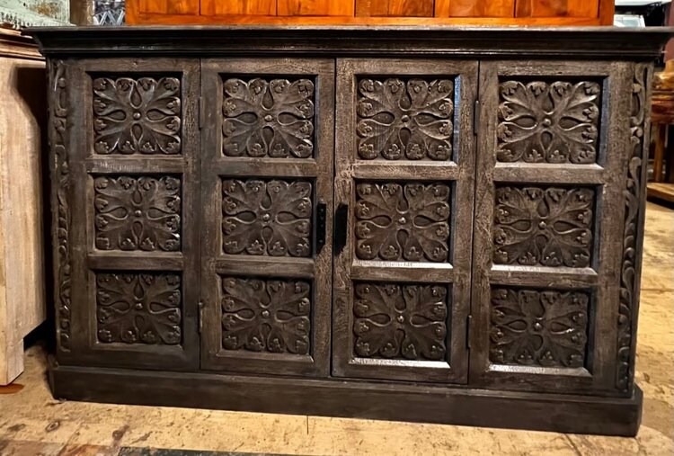Grey Carved Indian Wooden Side Board 63.5 X 18 X 35 1/4