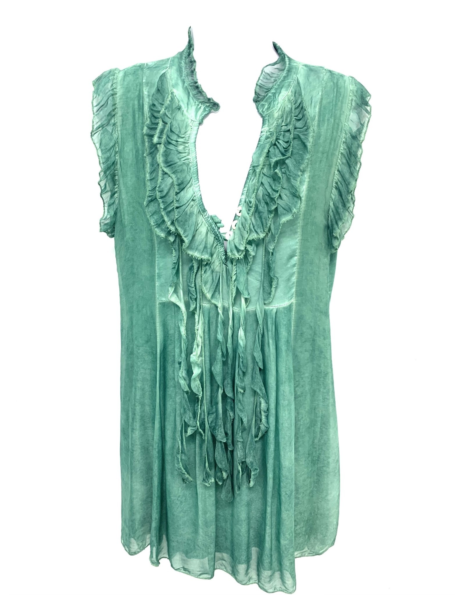 Gucci Green Silk Slvs Ruffle Dress