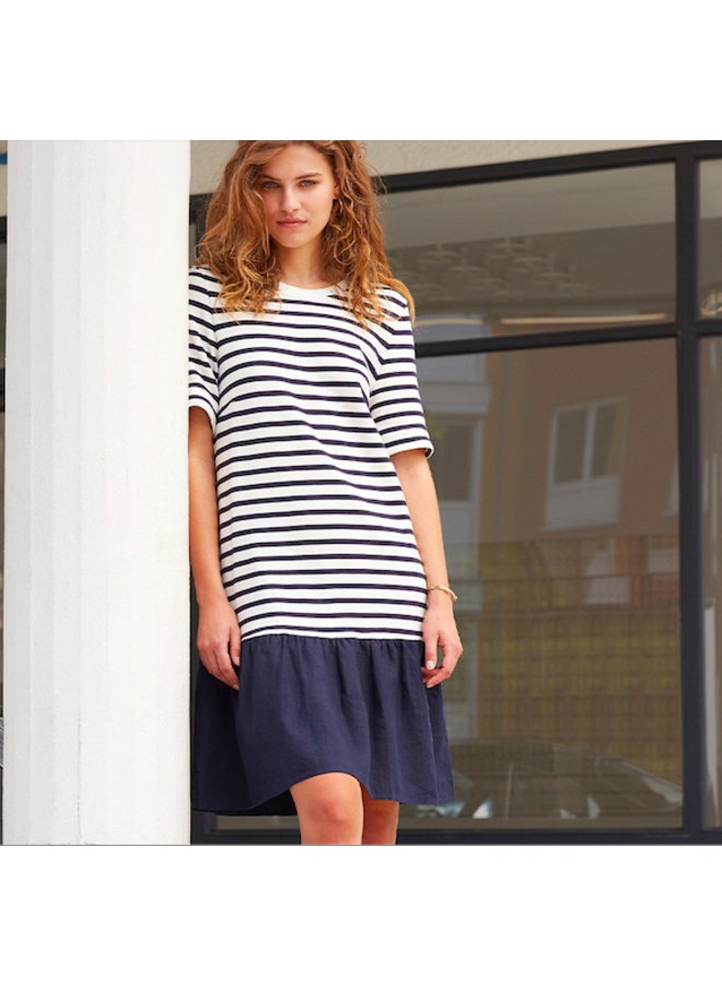 STRIPED DRESS WITH NAVY RUFFLE