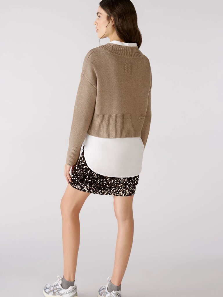 OUI CROPPED TAUPE SLIT SWEATER