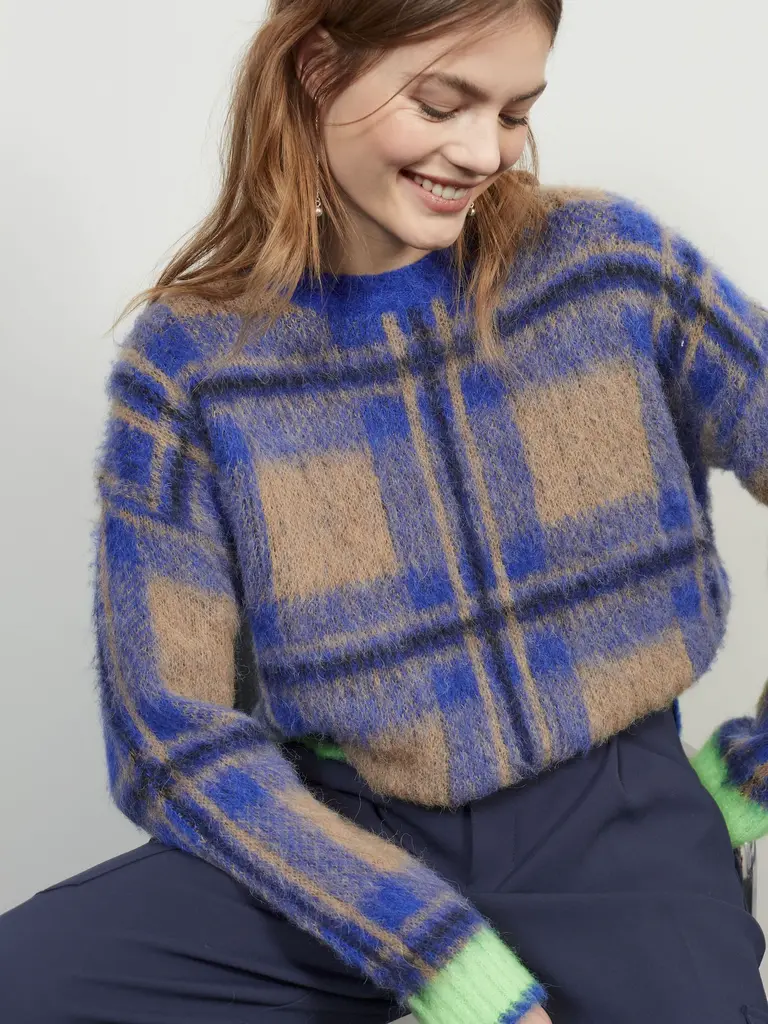 OUI BLUE/TAN/GREEN CHECKED SWEATER