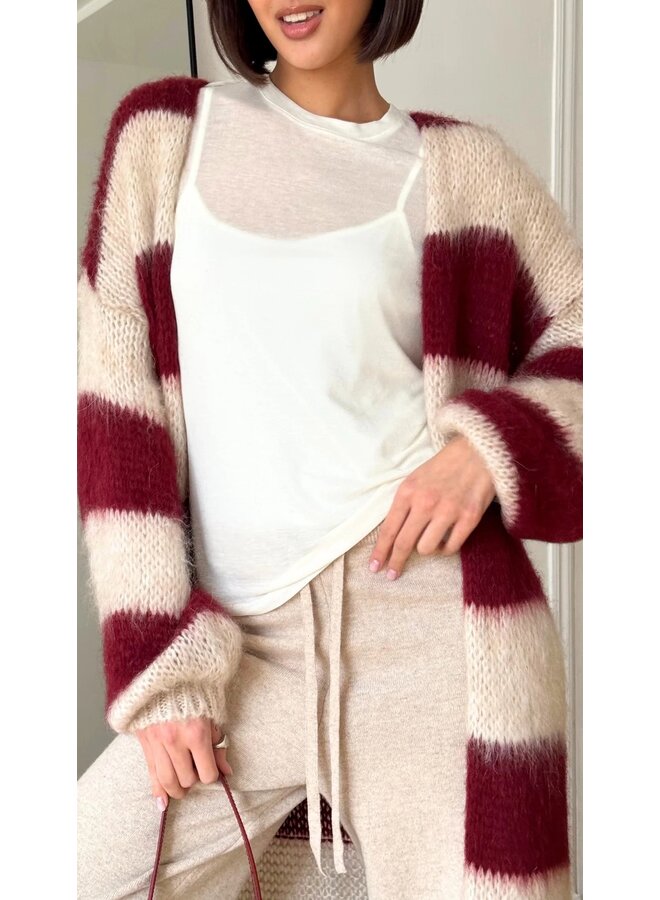 CARDIGAN RAYÉ BOURGOGNE/BEIGE O/S