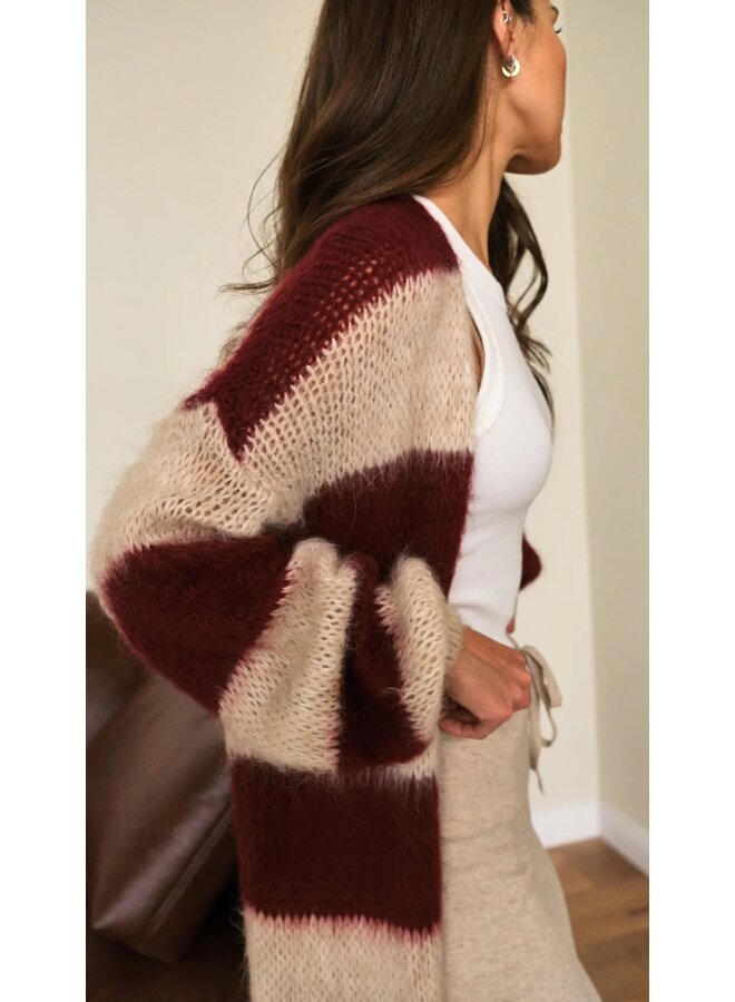 CARDIGAN RAYÉ BOURGOGNE/BEIGE O/S