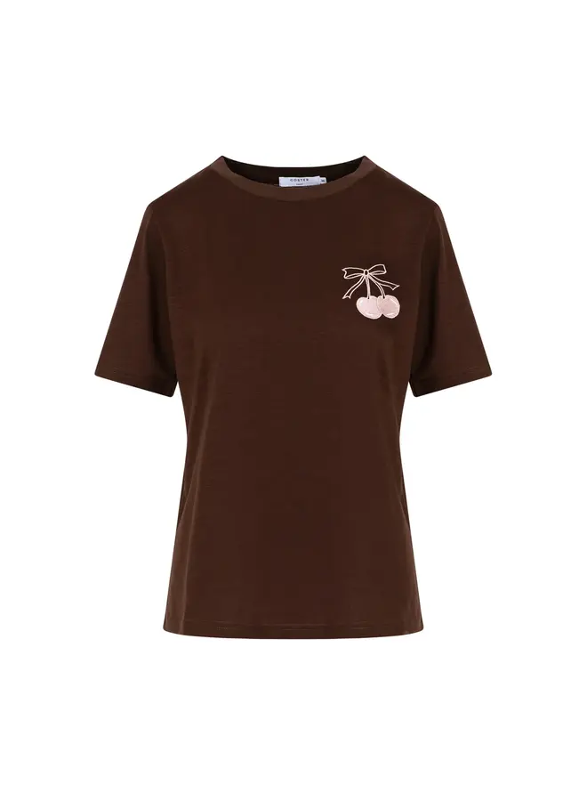 T-SHIR BRUN CERISES ROSES