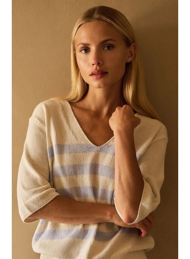 TRICOT COL EN V SABLE/BLEU