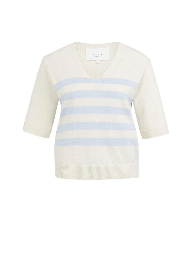 TRICOT COL EN V SABLE/BLEU