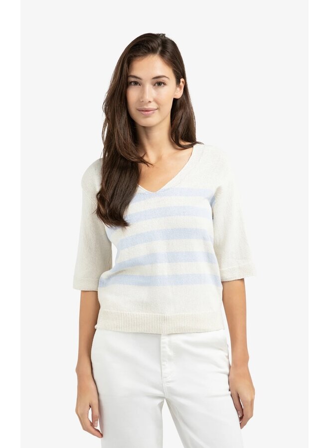 TRICOT COL EN V SABLE/BLEU