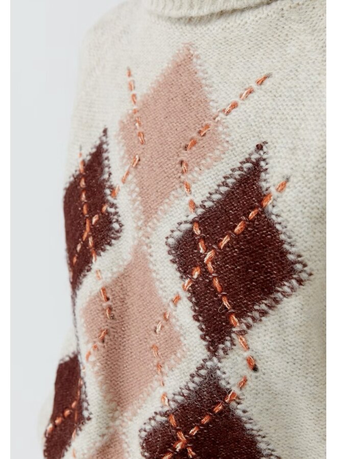 PULL 99850 LOSANGES CRÈME/ROSE