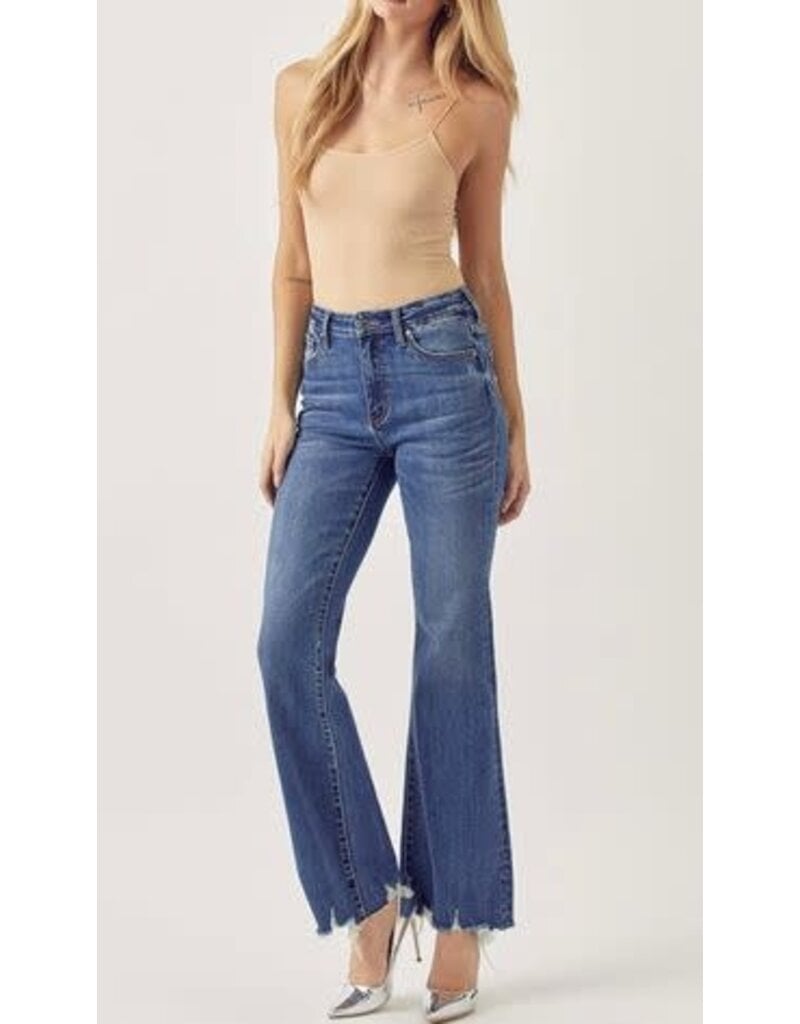 Mid Rise Raw Hem Flare Jean