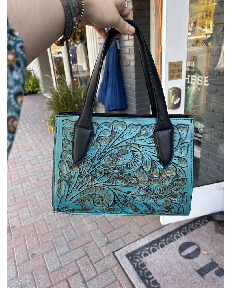 JUAN ANTONIO TOOLED TURQUOISE MINI TOTE