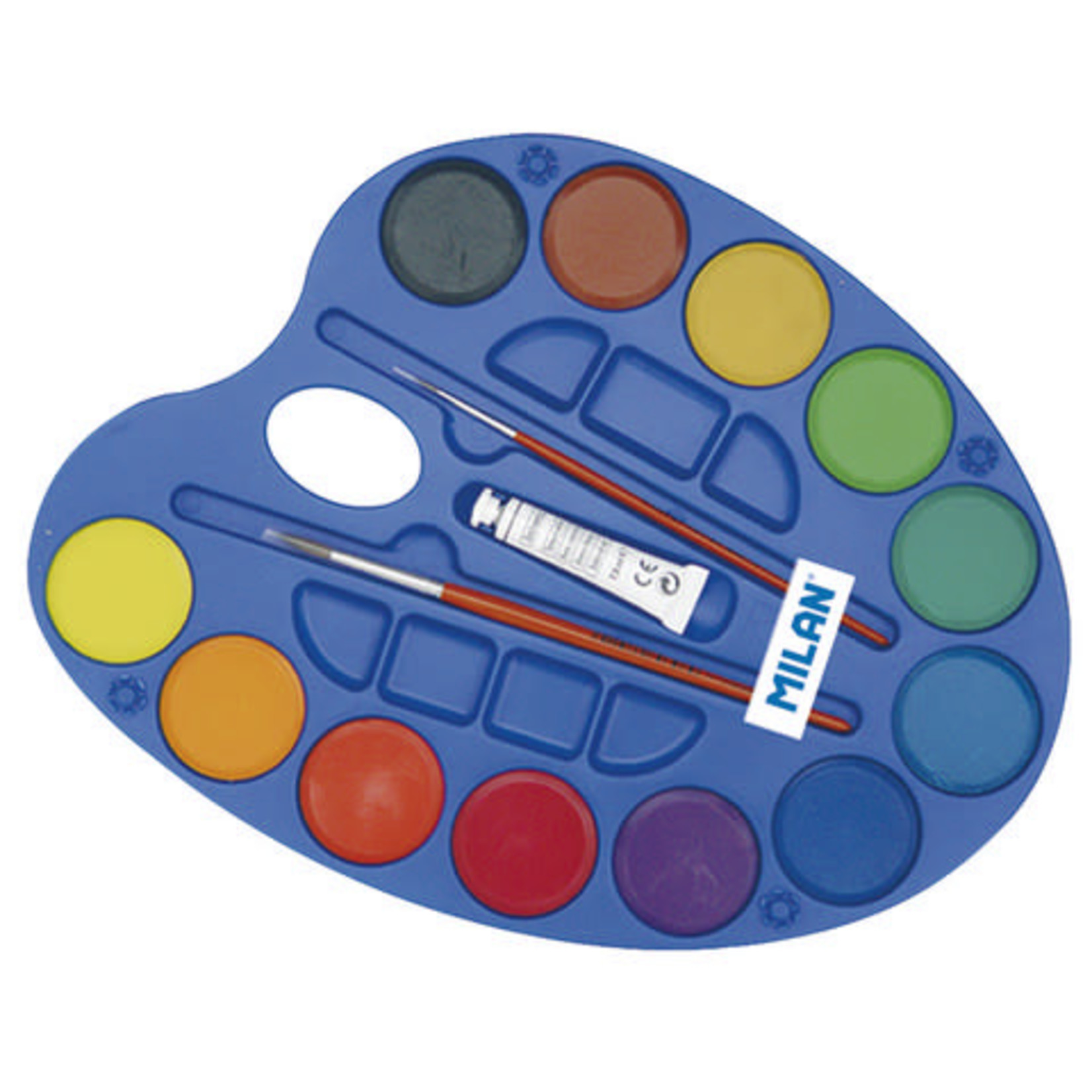MILAN WATERCOLOUR PALETTE SET w 12 COLOURS , 1 GOUACHE, AND 2 BRUSHES