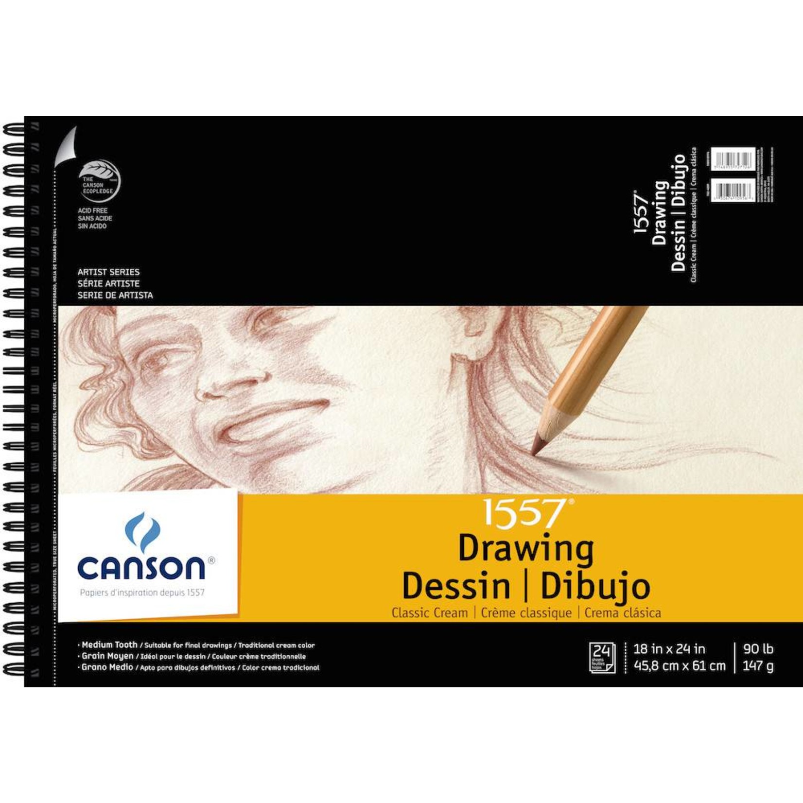 CANSON CANSON 1557 CLASSIC CREAM DRAWING PAD 18X24 90LB SIDE COIL  24/SHT    100510976