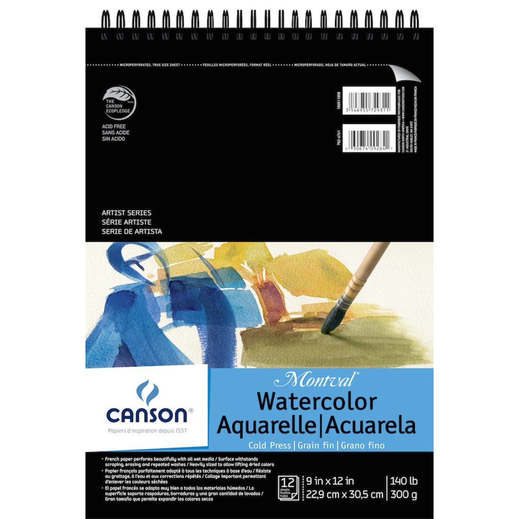 CANSON CANSON MONTVAL WATERCOLOUR PAD 140LB CP 9X12 TOP COIL 12/SHT    CAN-100511058