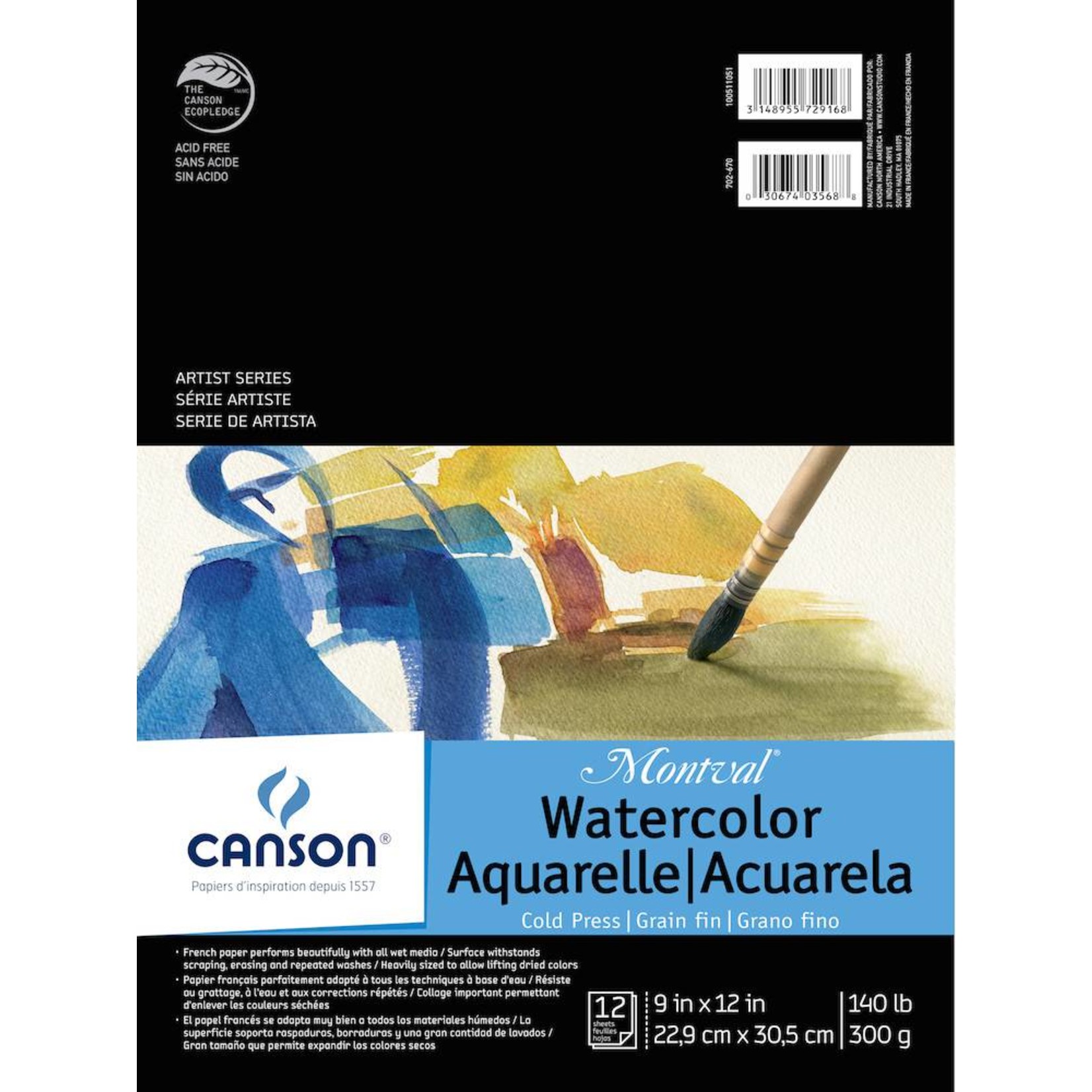CANSON CANSON MONTVAL WATERCOLOUR PAD 140LB CP 9X12 TAPE BOUND  12/SHT    CAN-100511051