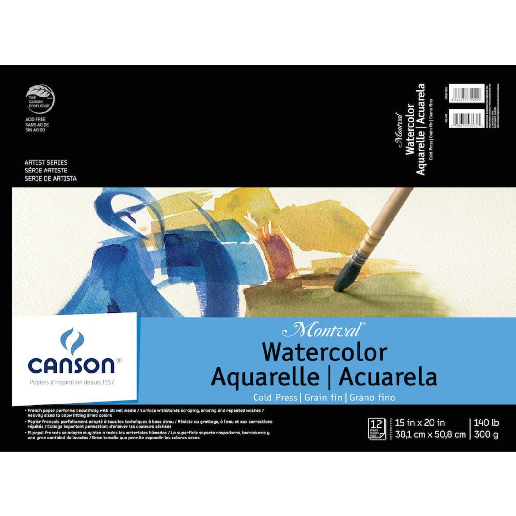 CANSON CANSON MONTVAL WATERCOLOUR PAD 140LB CP 15X20 TAPE BOUND 12/SHT    CAN-100511053