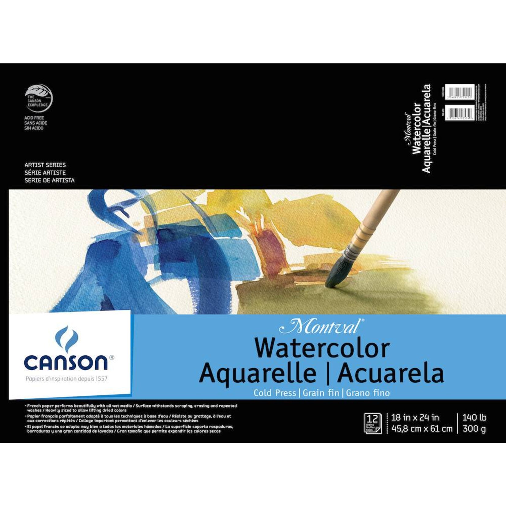 CANSON CANSON MONTVAL WATERCOLOUR PAD 140LB CP 18X24 TAPE BOUND 12/SHT    CAN-100511055
