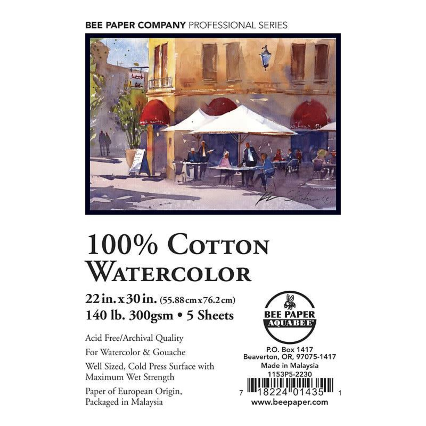 BEE PAPER WATERCOLOUR  22" x 30" 140 lb. (300 gsm) AF 100% Cotton Watercolour Sheet