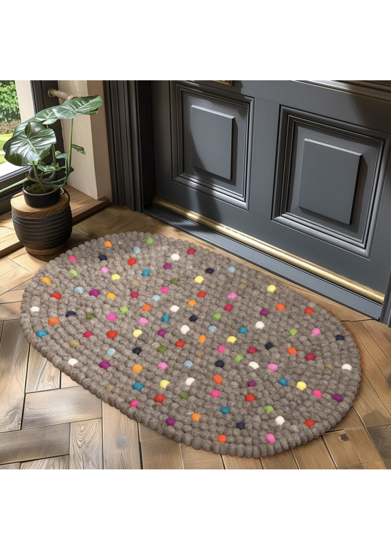 Torre & Tagus Felt Ball Oval Door Mat - Natural Brown with Dots
