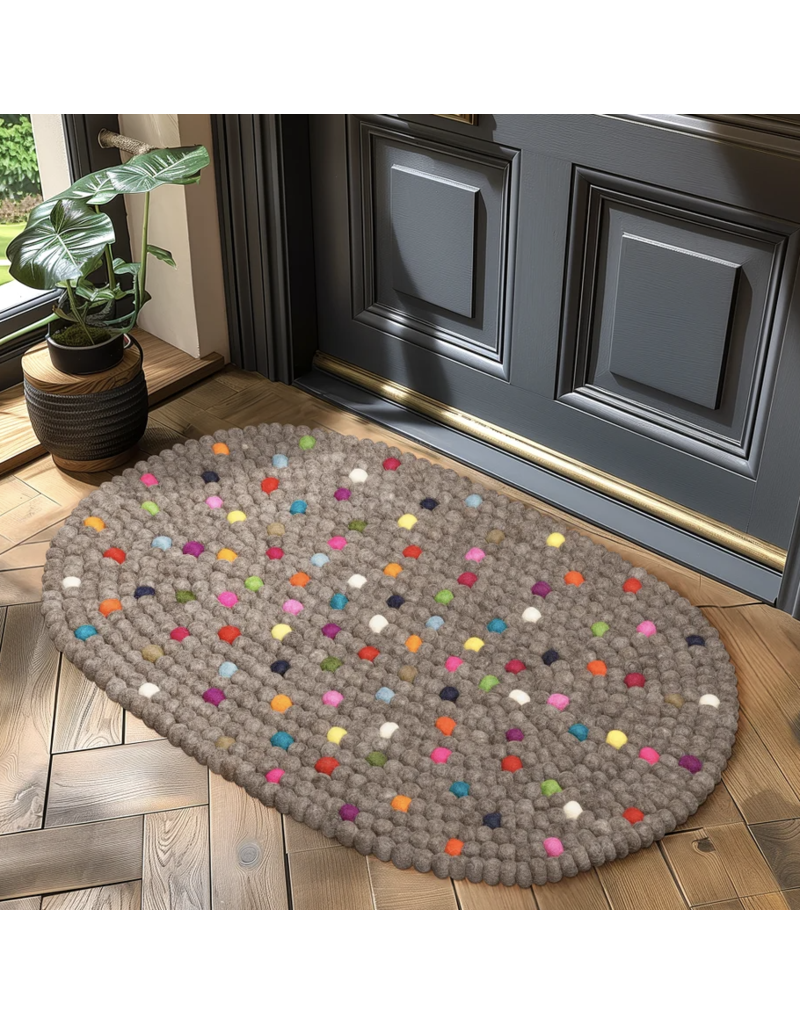 Torre & Tagus Felt Ball Oval Door Mat - Natural Brown with Dots