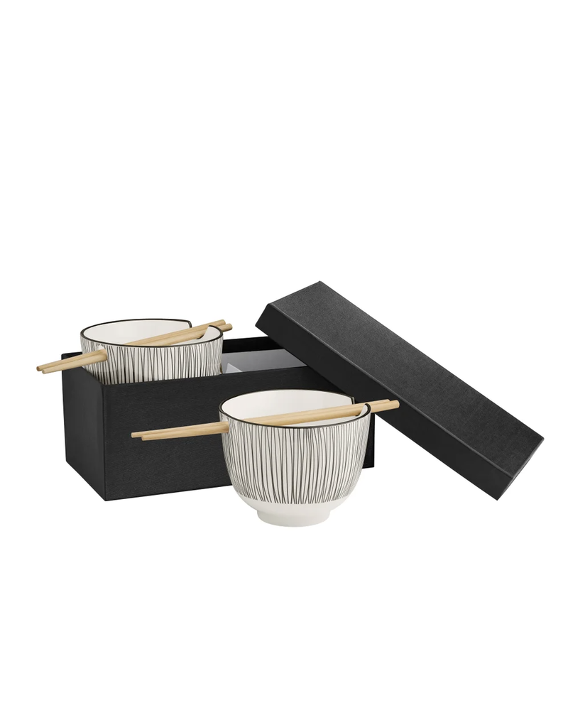 Torre & Tagus Kiri Porcelain Two Piece Noodle Bowl with Chopsticks Set - Black Line