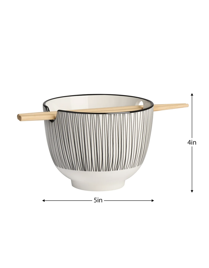 Torre & Tagus Kiri Porcelain Two Piece Noodle Bowl with Chopsticks Set - Black Line