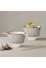 Torre & Tagus Kiri Porcelain Two Piece Noodle Bowl with Chopsticks Set - Black Line