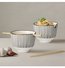 Torre & Tagus Kiri Porcelain Two Piece Noodle Bowl with Chopsticks Set - Black Line