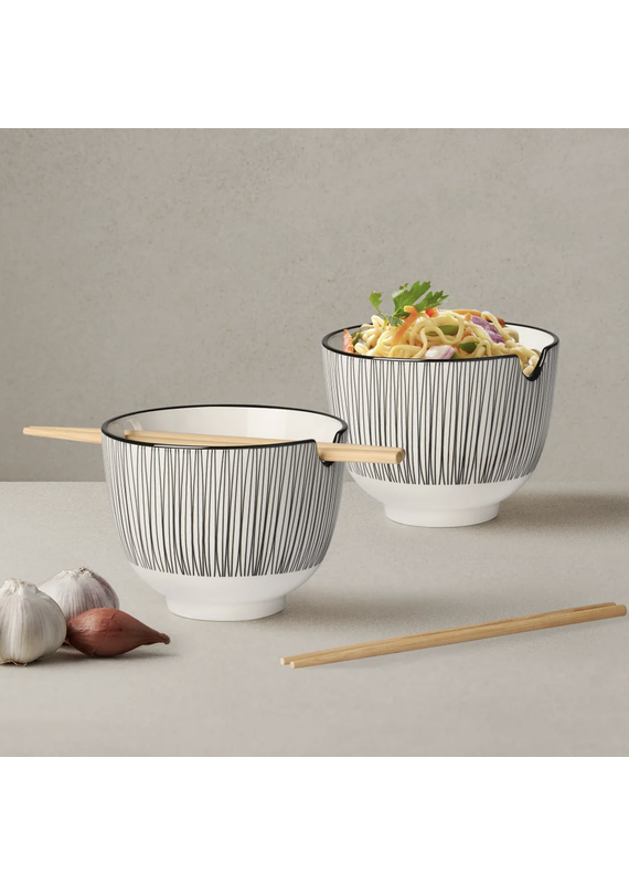 Torre & Tagus Kiri Porcelain Two Piece Noodle Bowl with Chopsticks Set - Black Line