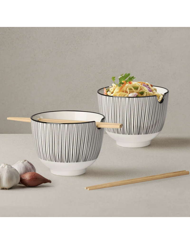 Torre & Tagus Kiri Porcelain Two Piece Noodle Bowl with Chopsticks Set - Black Line
