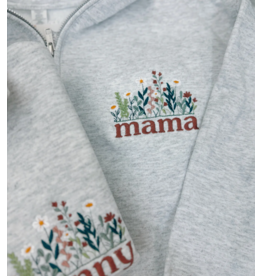Meghan Ashley Designs Mama Floral Embroidered 1/4 Zip-Light Grey