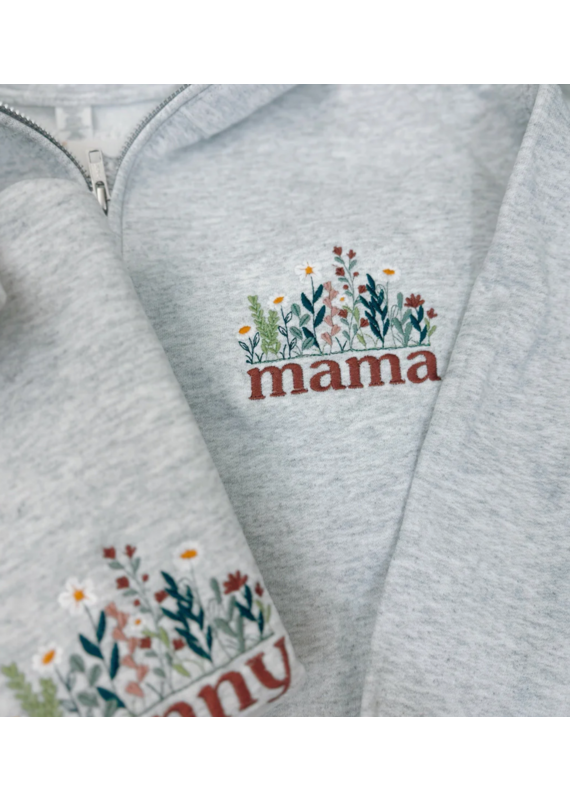 Meghan Ashley Designs Mama Floral Embroidered 1/4 Zip-Light Grey
