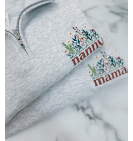 Meghan Ashley Designs Nanny Floral Embroidered 1/4 Zip-Light Grey