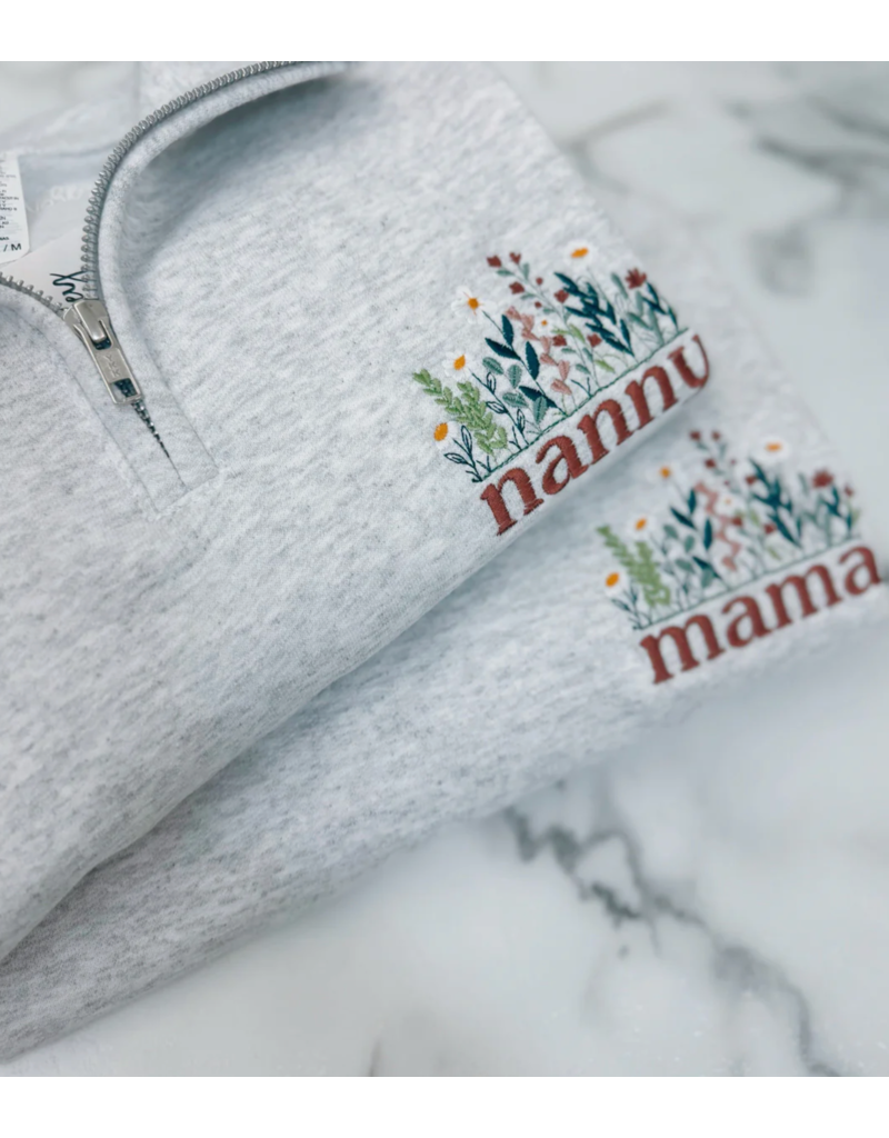 Meghan Ashley Designs Nanny Floral Embroidered 1/4 Zip-Light Grey