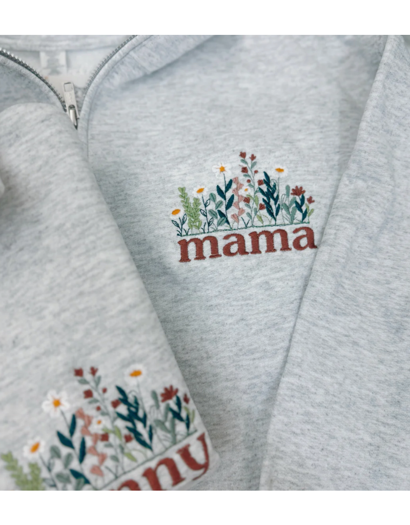 Meghan Ashley Designs Nanny Floral Embroidered 1/4 Zip-Light Grey