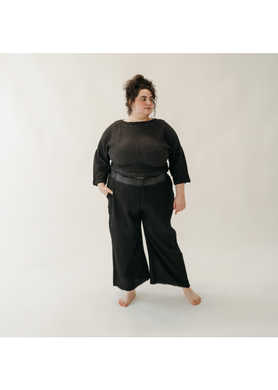 Pokoloko Crinkle Drawstring Palazzo Pants -Black-Plus Sizes /One Size