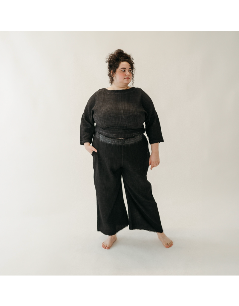 Pokoloko Crinkle Drawstring Palazzo Pants -Black-Plus Sizes /One Size