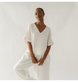 Pokoloko Crinkle V Neck Top-Cream-One Sized