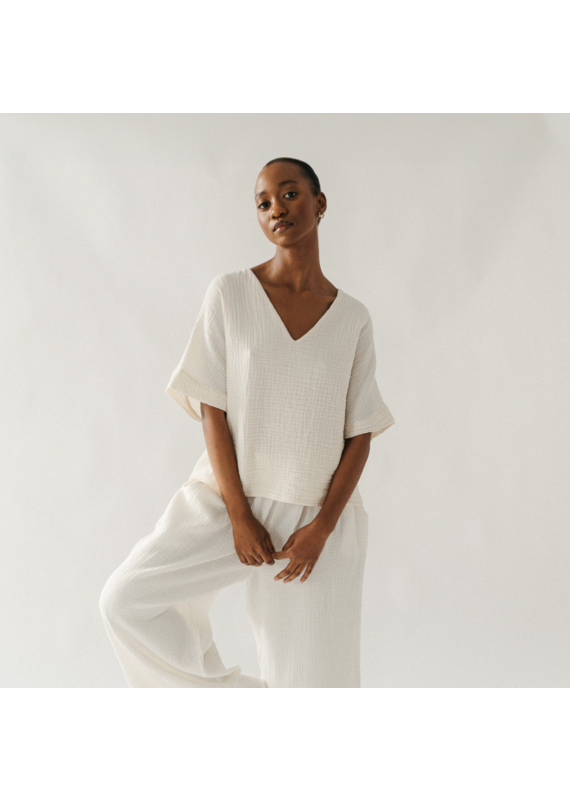 Pokoloko Crinkle V Neck Top-Cream-One Sized
