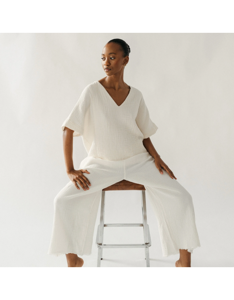 Pokoloko Crinkle V Neck Top-Cream-One Sized