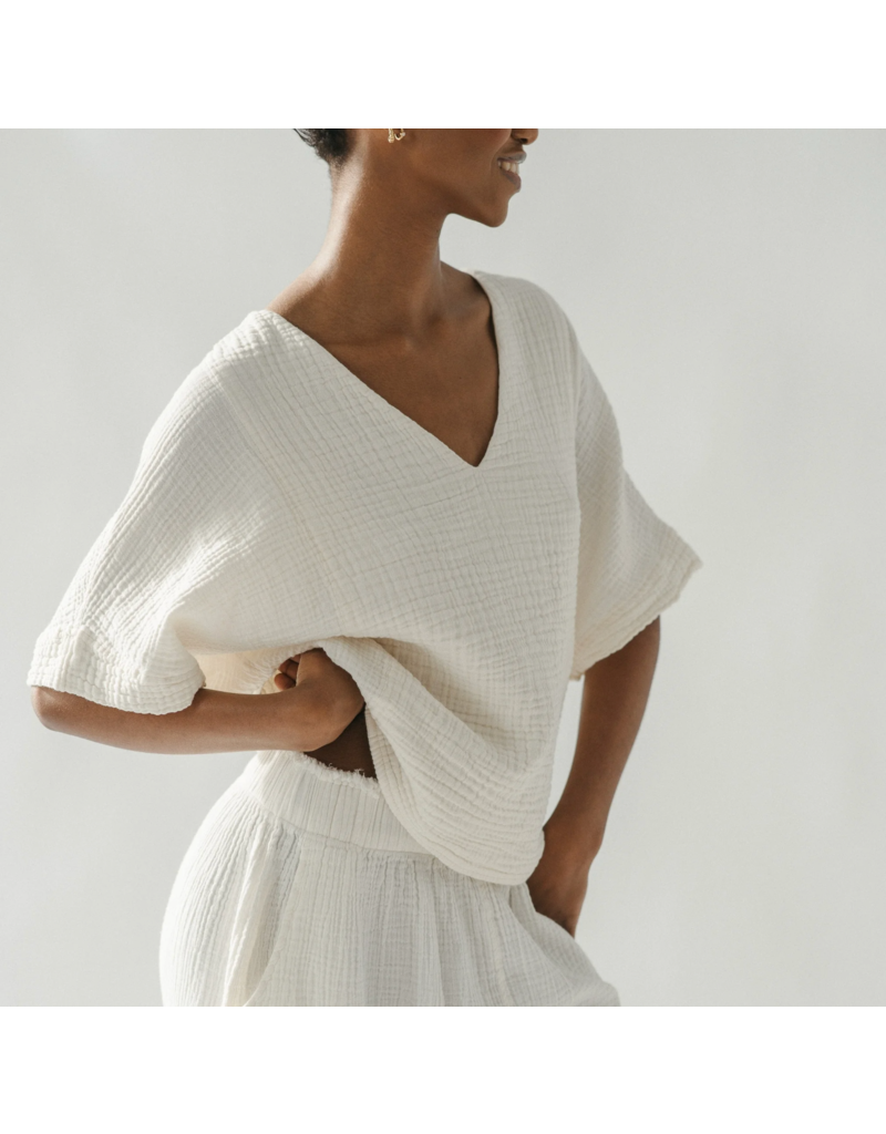 Pokoloko Crinkle V Neck Top-Cream-One Sized