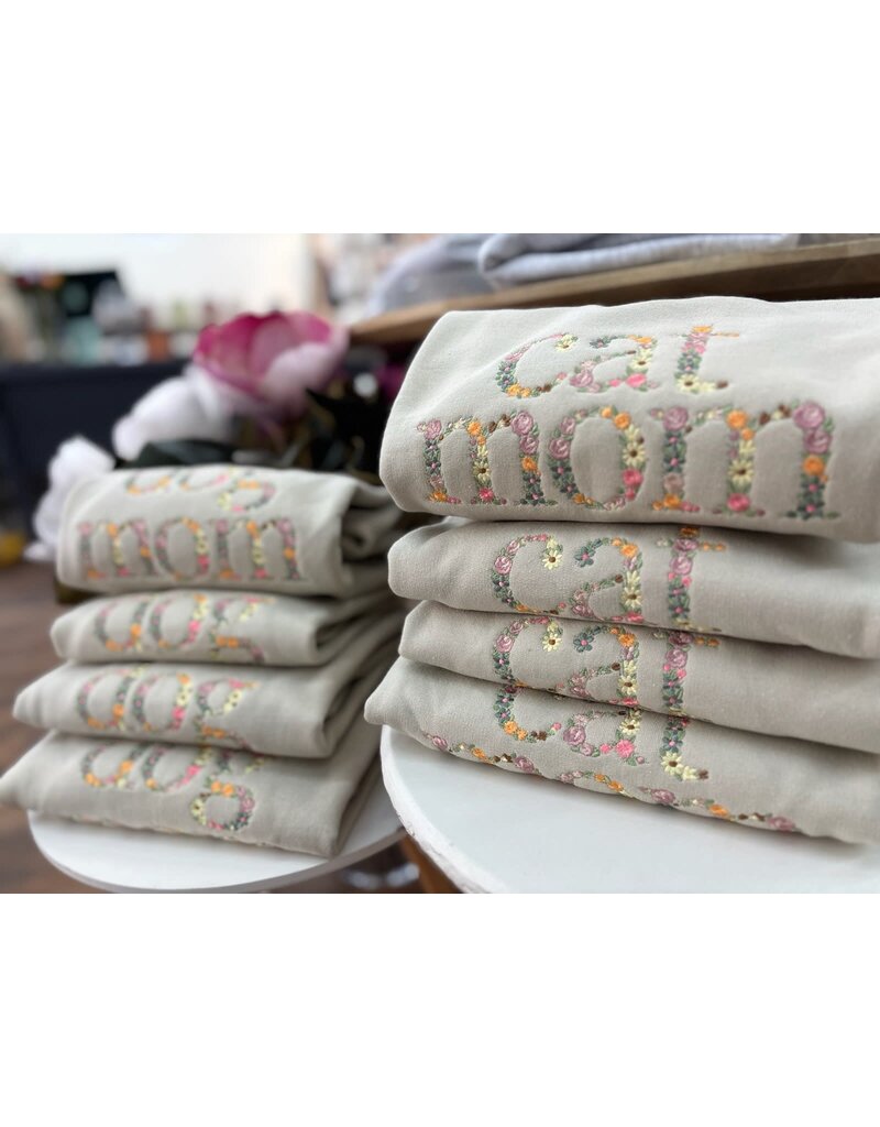 Meghan Ashley Designs Cat Mom Floral Embroidered Crewneck-Sand
