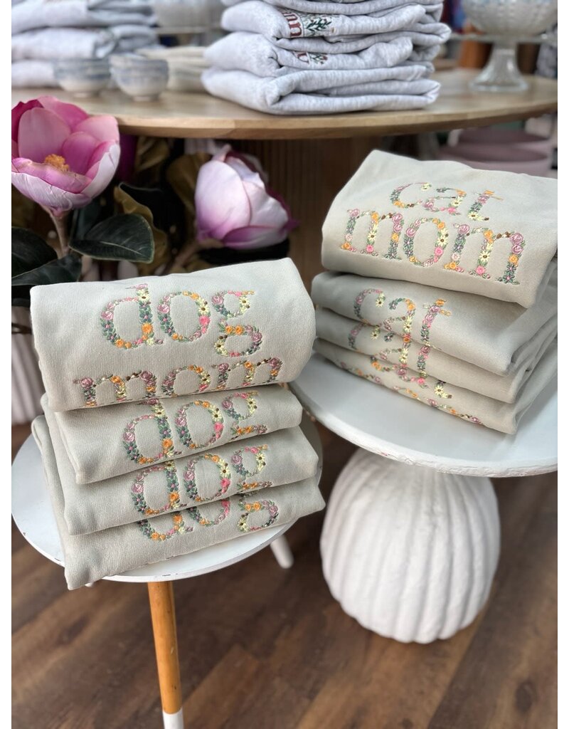 Meghan Ashley Designs Cat Mom Floral Embroidered Crewneck-Sand