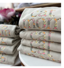 Meghan Ashley Designs Cat Mom Floral Embroidered Crewneck-Sand